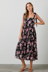 Black Floral Print Tie Strap Midi Dress