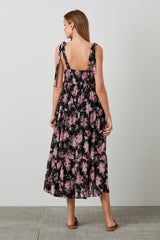 Black Floral Print Tie Strap Midi Dress