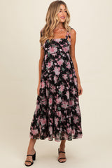 Black Floral Print Tie Strap Maternity Midi Dress