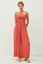 Scarlet Back Cutout Smocked Halter Wide Leg Jumpsuit