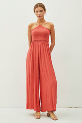 Scarlet Back Cutout Smocked Halter Wide Leg Maternity Jumpsuit