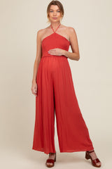 Scarlet Back Cutout Smocked Halter Wide Leg Maternity Jumpsuit