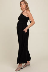 Black Back Cutout Smocked Halter Wide Leg Maternity Jumpsuit