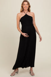 Black Back Cutout Smocked Halter Wide Leg Maternity Jumpsuit