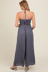 Indigo Back Cutout Smocked Halter Wide Leg Maternity Jumpsuit