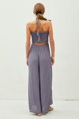 Indigo Back Cutout Smocked Halter Wide Leg Jumpsuit