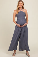 Indigo Back Cutout Smocked Halter Wide Leg Maternity Jumpsuit