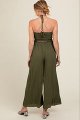 Olive Back Cutout Smocked Halter Wide Leg Maternity Jumpsuit