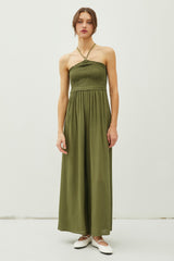 Olive Back Cutout Smocked Halter Wide Leg Maternity Jumpsuit