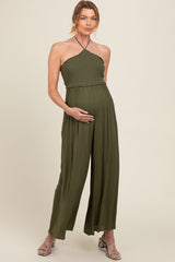 Olive Back Cutout Smocked Halter Wide Leg Maternity Jumpsuit