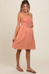 Salmon Textured Smocked Maternity Dress