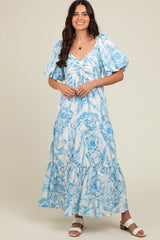 Blue Floral Cinched Tie Maternity Maxi Dress