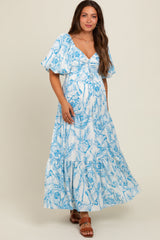 Blue Floral Cinched Tie Maternity Maxi Dress