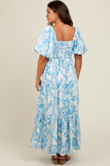 Blue Floral Cinched Tie Maternity Maxi Dress