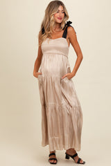 Beige Tiered Satin Tie-Strap Maternity Maxi Dress