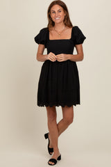 Black Eyelet Lace Puff Sleeve Maternity Dress