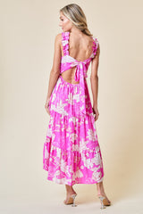 Pink Ruffled Square Neck Floral Midi Dress