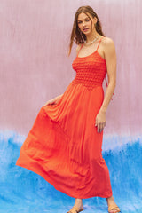 Hot Coral Textured Woven Maxi Dress