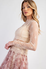 Ivory Ruched Sheer Lace Top