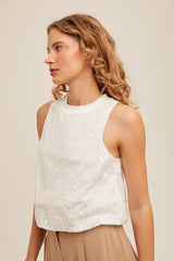 Ivory Halter Neck Eyelet Tank Top