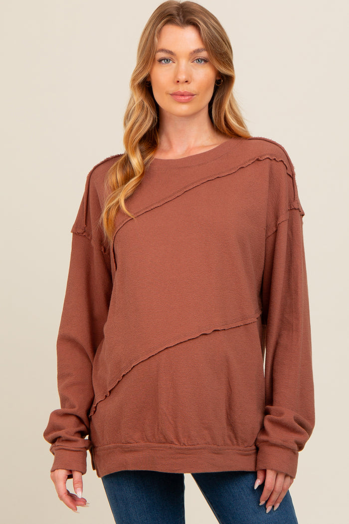 Brown Exposed Seam Dolman Sleeve Maternity Sweatshirt