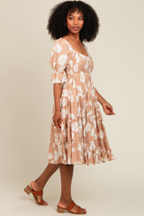 Mocha Rose Print Tiered Smocked Midi Dress