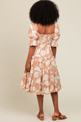 Mocha Rose Print Tiered Smocked Midi Dress