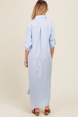 Light Blue Striped Button Down Maternity Maxi Dress