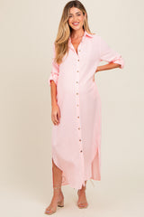 Pink Striped Button Down Maternity Maxi Dress