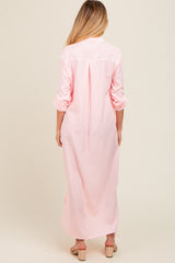 Pink Striped Button Down Maternity Maxi Dress