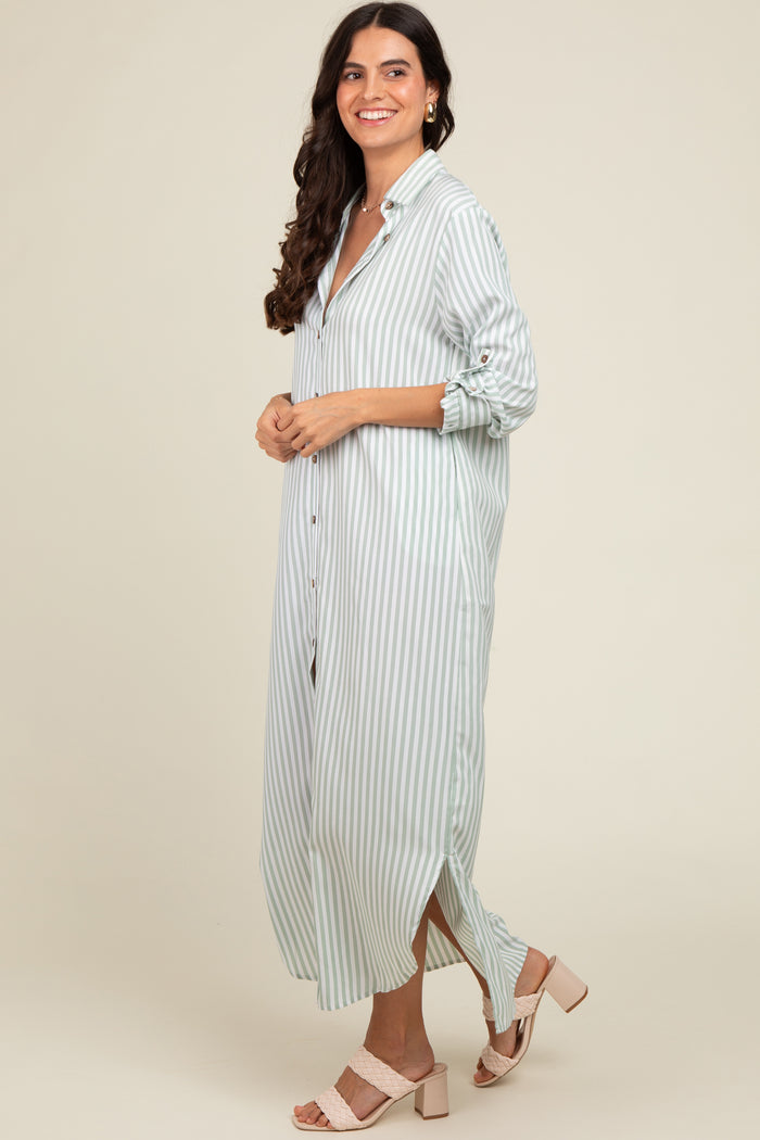 woman wearing a long striped button-up dress in light blue and white, paired with blush pink block-heeled sandals