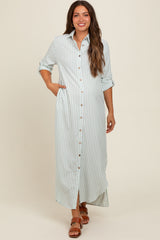 Light Olive Striped Button Down Maternity Maxi Dress