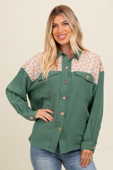 Olive Colorblock Floral Maternity Button Down