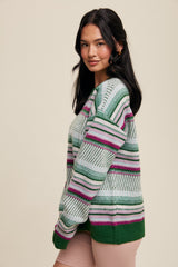 Green Multi Stripe Crew Neck Sweater