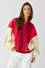 Red Colorblock Snap Button Maternity Polo Sweatshirt