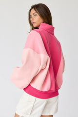 Pink Colorblock Snap Button Polo Sweatshirt