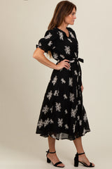 Black Embroidered Sash Tie Midi Dress