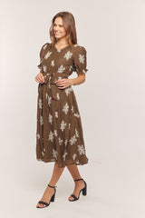 Brown Embroidered Sash Tie Midi Dress