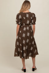 Brown Embroidered Sash Tie Maternity Midi Dress