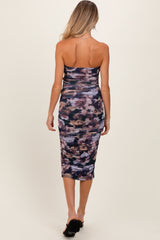 Navy Floral Ruched Fitted Maternity Midi Dress