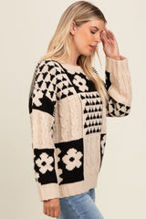 Beige Floral Mixed Print Cable Knit Sweater