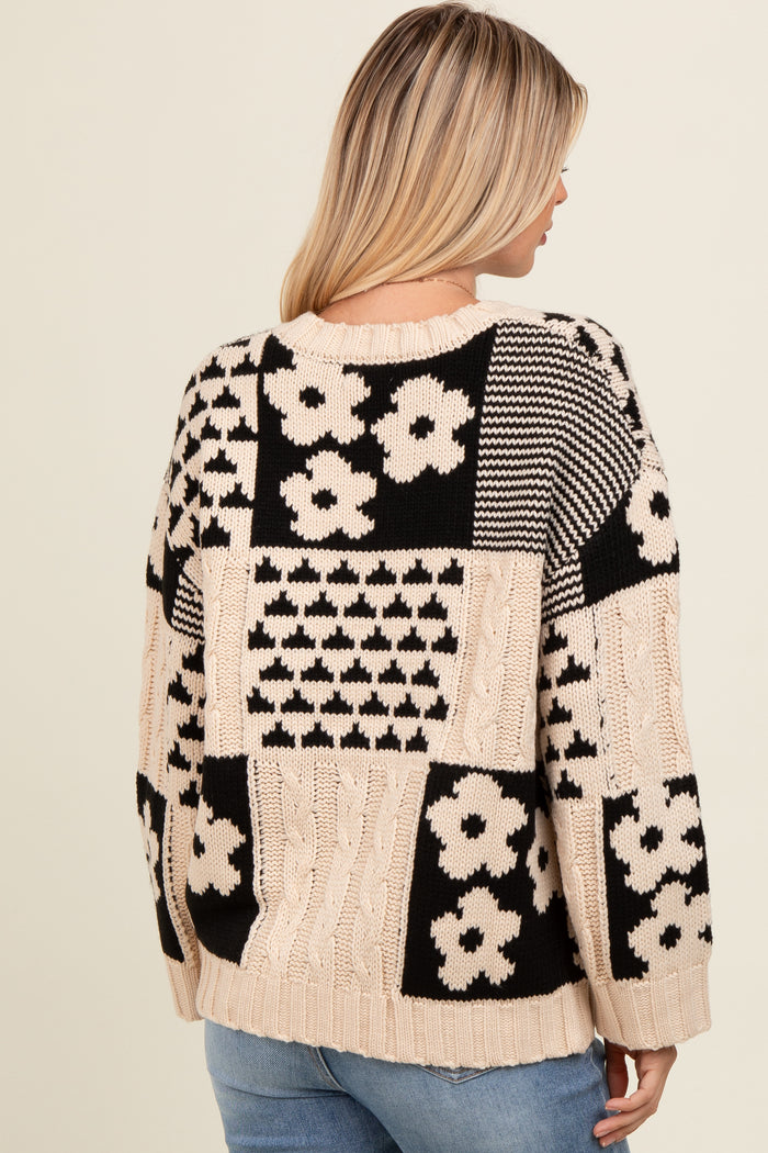 Beige Floral Mixed Print Cable Knit Sweater