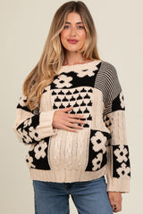 Beige Floral Mixed Print Cable Knit Maternity Sweater