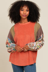 Rust Mixed Print Bubble Sleeve Top