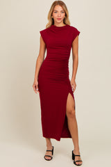 Burgundy Ruched Mock Neck Slit Midi Dress