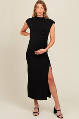 Black Ruched Mock Neck Maternity Slit Midi Dress