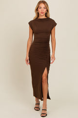 Mocha Ruched Mock Neck Slit Midi Dress