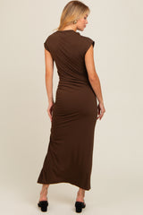 Mocha Ruched Mock Neck Slit Midi Dress