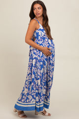 Blue Floral Cutout Back Tie Maternity Maxi Dress