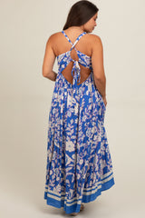 Blue Floral Cutout Back Tie Maternity Maxi Dress